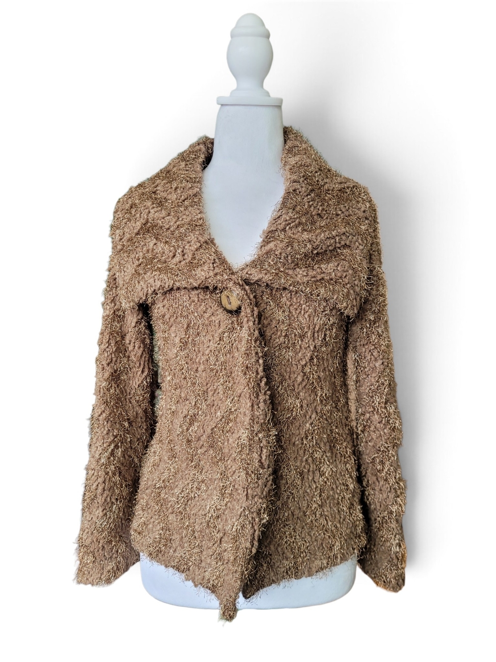 Vintage Y2K Fuzzy Knit Cardigan  Shawl Collar Small Tan Brown